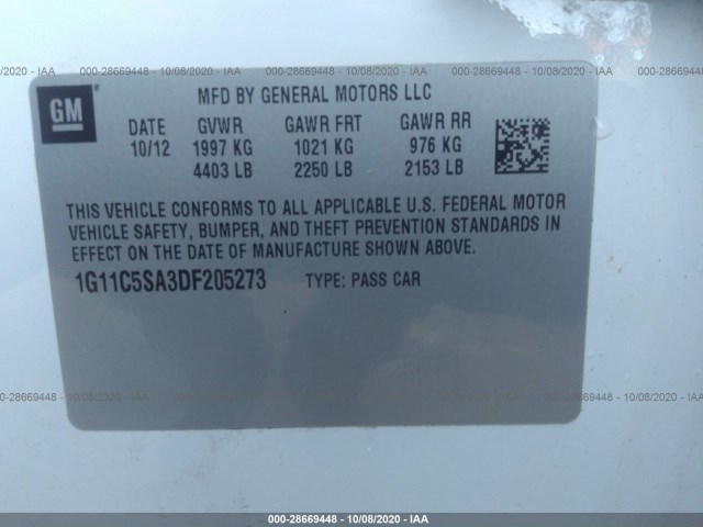 Photo 8 VIN: 1G11C5SA3DF205273 - CHEVROLET MALIBU 