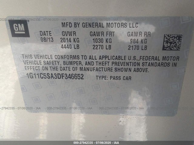 Photo 8 VIN: 1G11C5SA3DF346652 - CHEVROLET MALIBU 