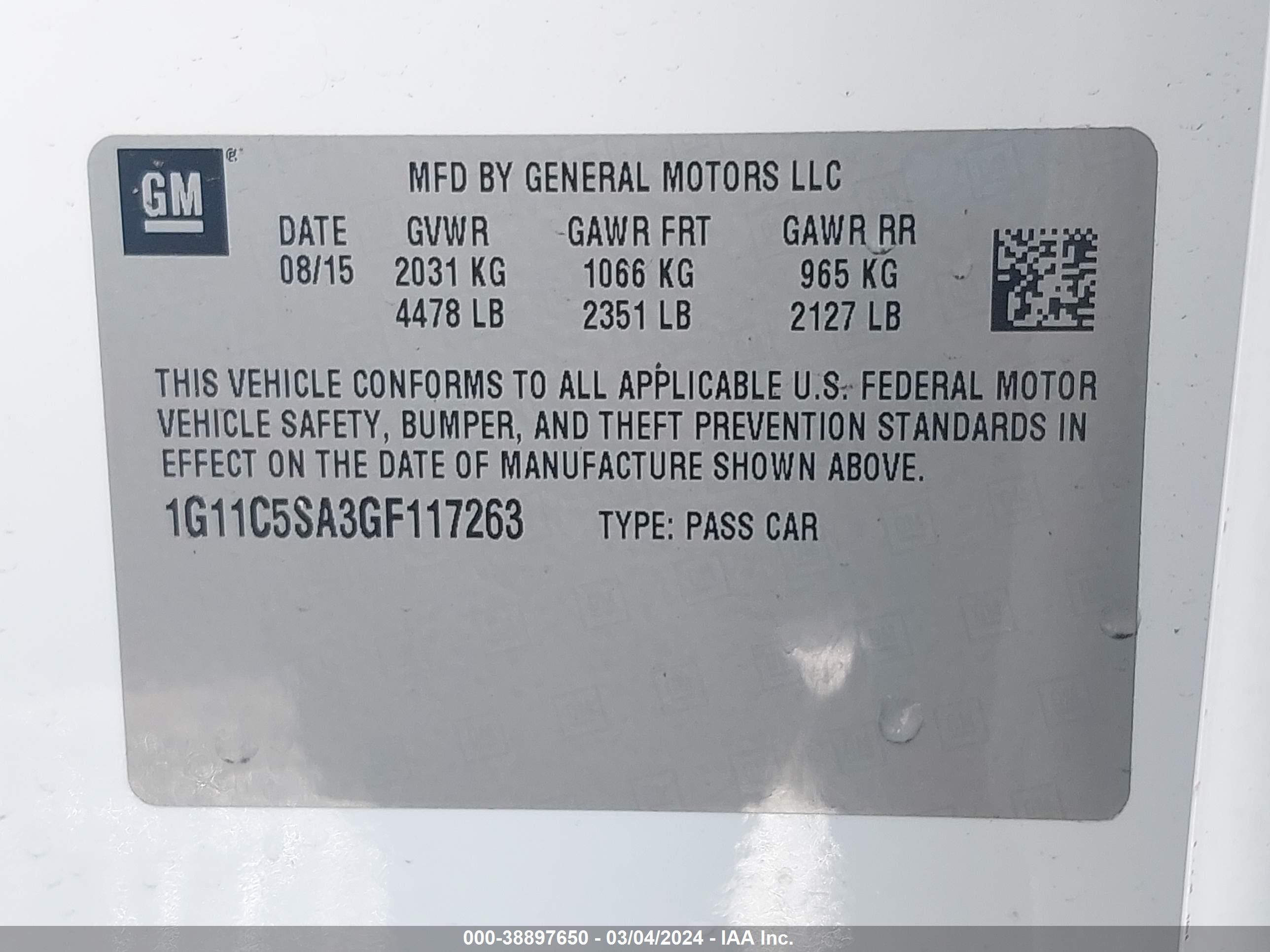 Photo 8 VIN: 1G11C5SA3GF117263 - CHEVROLET MALIBU 