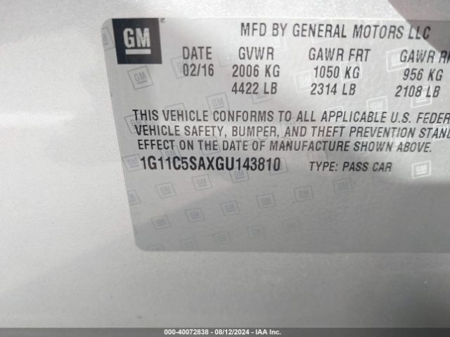 Photo 8 VIN: 1G11C5SAXGU143810 - CHEVROLET MALIBU LIMITED 