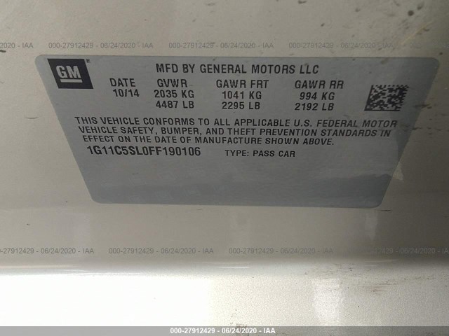 Photo 8 VIN: 1G11C5SL0FF190106 - CHEVROLET MALIBU 