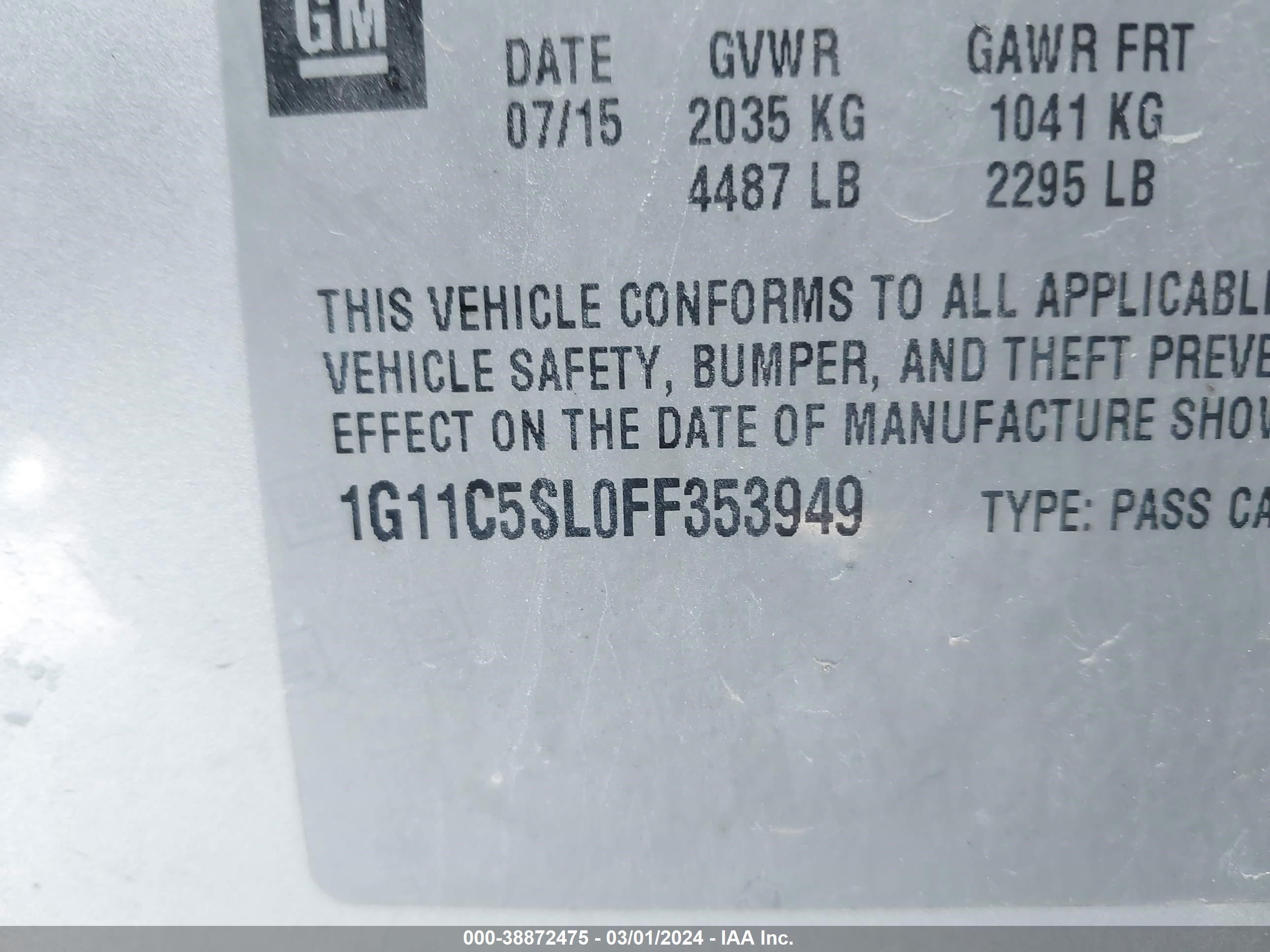 Photo 8 VIN: 1G11C5SL0FF353949 - CHEVROLET MALIBU 