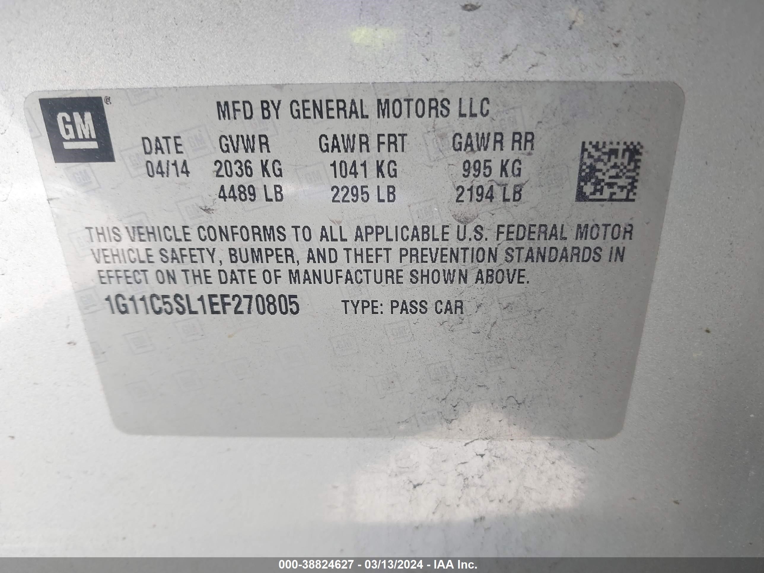 Photo 8 VIN: 1G11C5SL1EF270805 - CHEVROLET MALIBU 