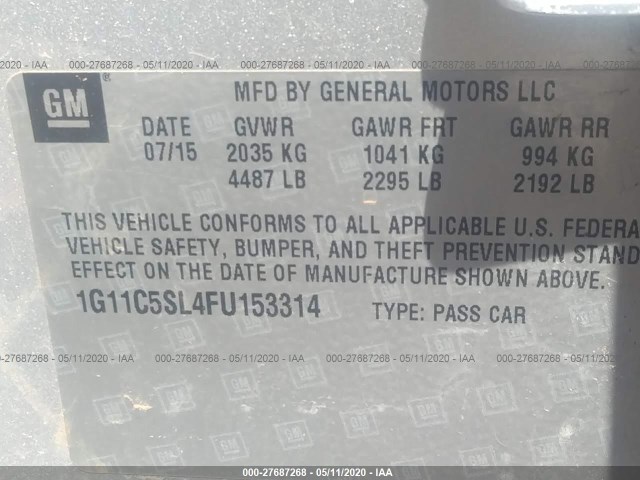 Photo 8 VIN: 1G11C5SL4FU153314 - CHEVROLET MALIBU 