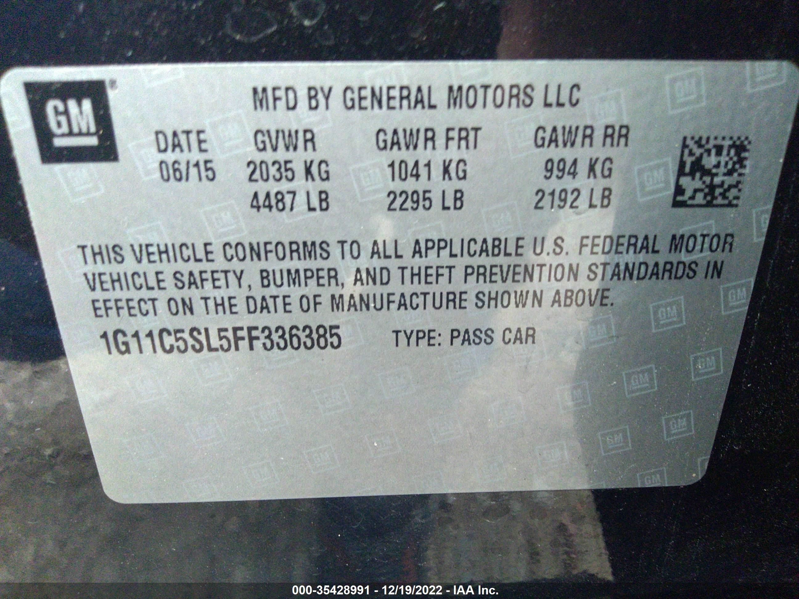 Photo 8 VIN: 1G11C5SL5FF336385 - CHEVROLET MALIBU 