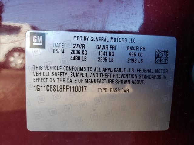 Photo 9 VIN: 1G11C5SL8FF110017 - CHEVROLET MALIBU 1LT 