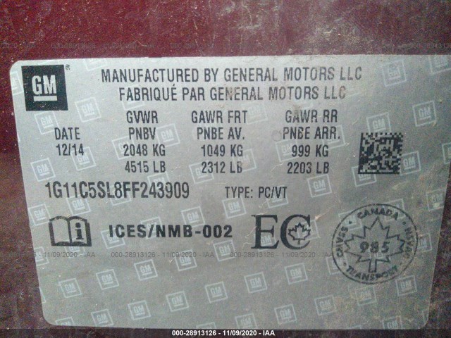 Photo 8 VIN: 1G11C5SL8FF243909 - CHEVROLET MALIBU 