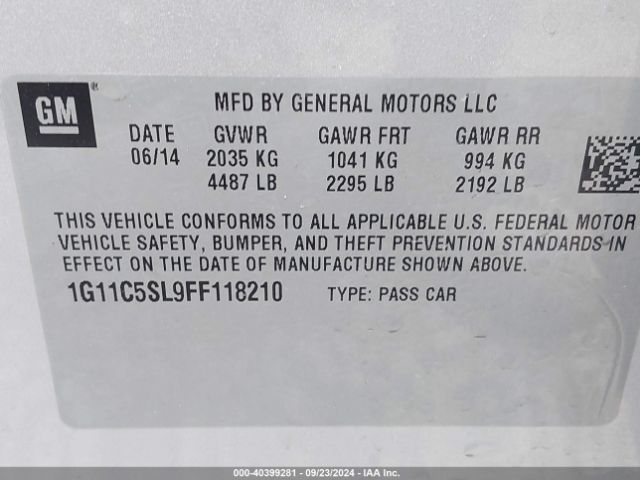 Photo 8 VIN: 1G11C5SL9FF118210 - CHEVROLET MALIBU 