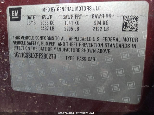 Photo 8 VIN: 1G11C5SLXFF280279 - CHEVROLET MALIBU 