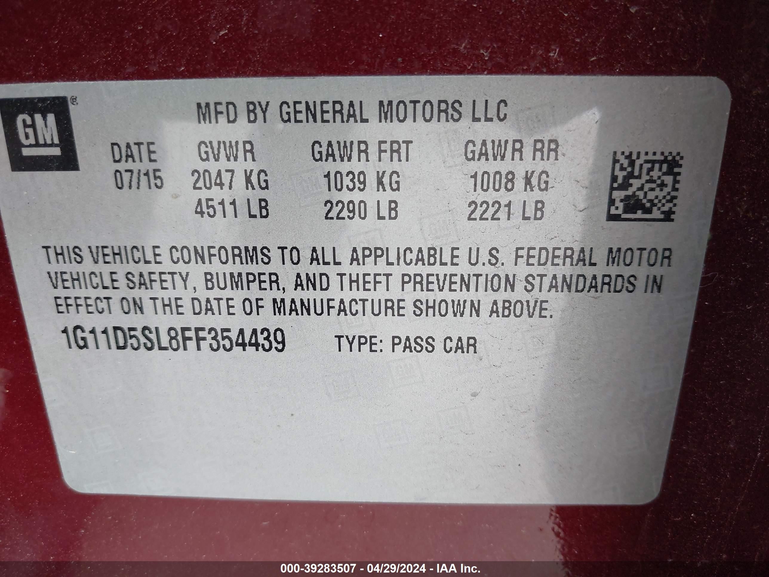 Photo 8 VIN: 1G11D5SL8FF354439 - CHEVROLET MALIBU 