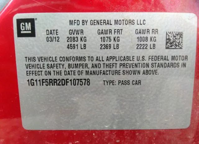 Photo 8 VIN: 1G11F5RR2DF107578 - CHEVROLET MALIBU 