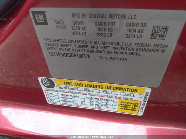 Photo 8 VIN: 1G11F5RR3DF100378 - CHEVROLET MALIBU 