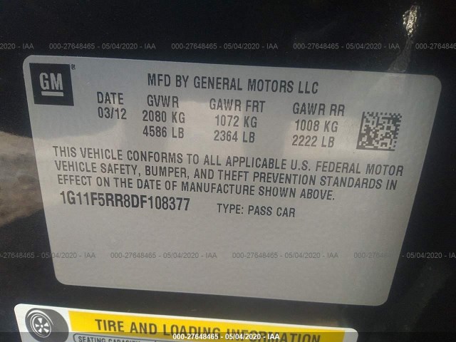 Photo 8 VIN: 1G11F5RR8DF108377 - CHEVROLET MALIBU 