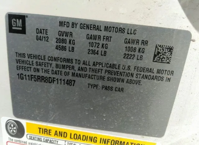 Photo 8 VIN: 1G11F5RR8DF111487 - CHEVROLET MALIBU 