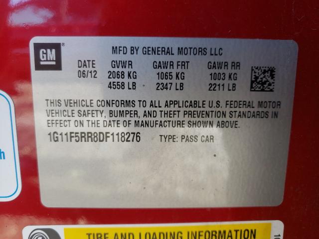 Photo 9 VIN: 1G11F5RR8DF118276 - CHEVROLET MALIBU 2LT 