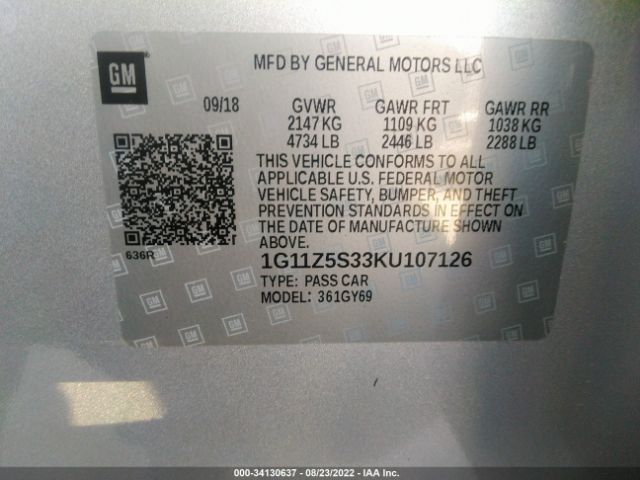 Photo 8 VIN: 1G11Z5S33KU107126 - CHEVROLET IMPALA 