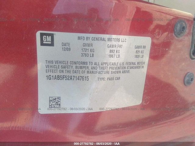 Photo 8 VIN: 1G1AB5F52A7147615 - CHEVROLET COBALT 