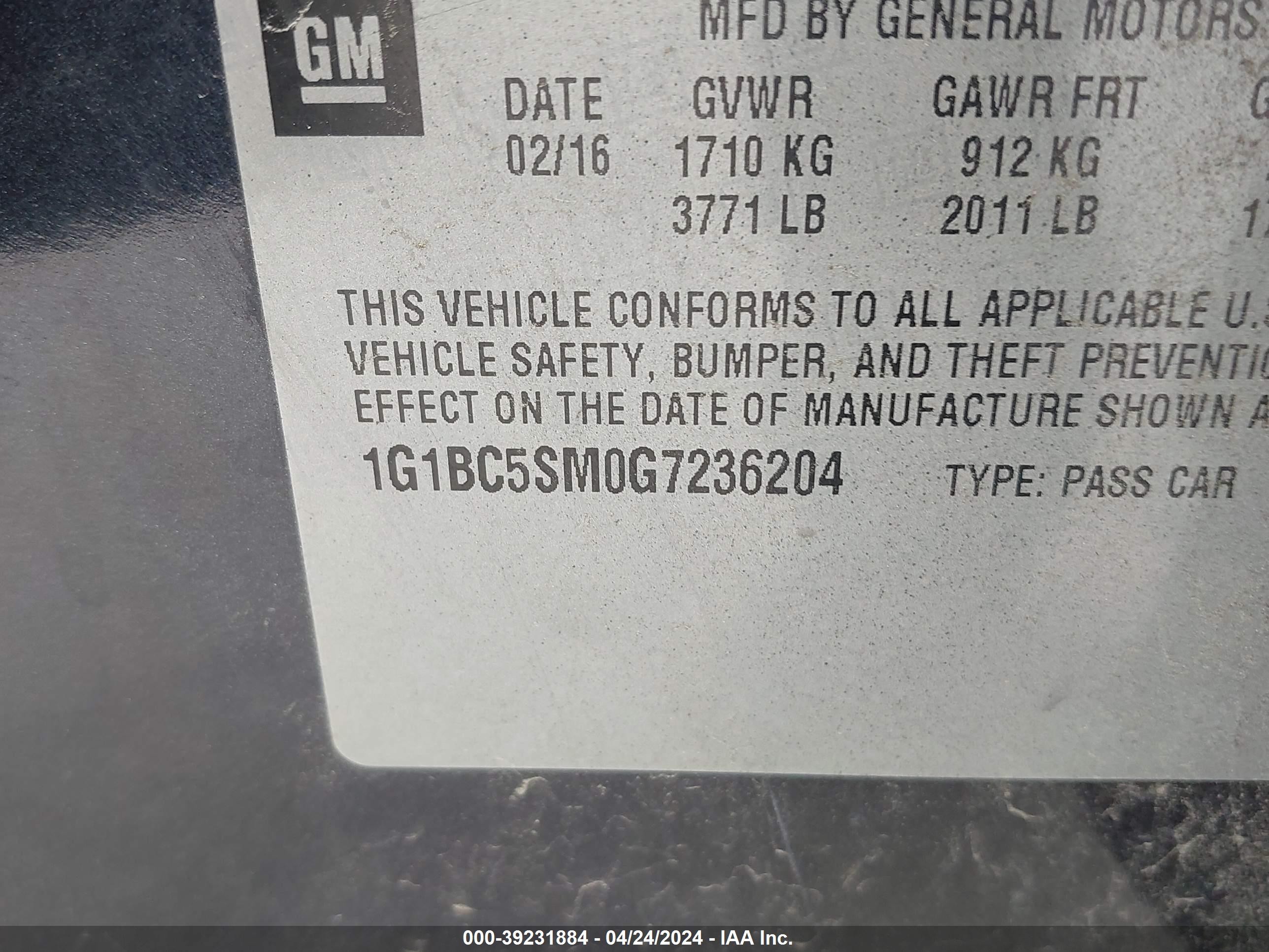 Photo 8 VIN: 1G1BC5SM0G7236204 - CHEVROLET CRUZE 