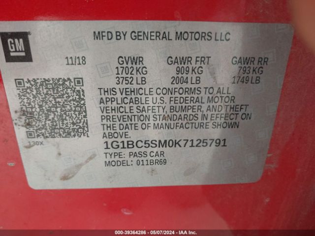 Photo 8 VIN: 1G1BC5SM0K7125791 - CHEVROLET CRUZE 