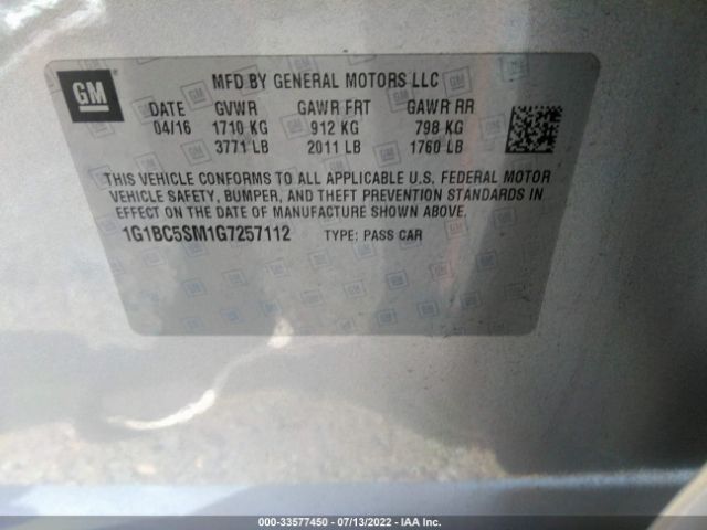 Photo 8 VIN: 1G1BC5SM1G7257112 - CHEVROLET CRUZE 