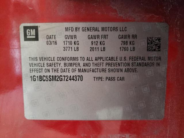 Photo 9 VIN: 1G1BC5SM2G7244370 - CHEVROLET CRUZE LS 