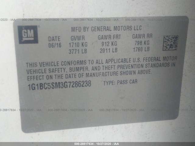 Photo 8 VIN: 1G1BC5SM3G7286238 - CHEVROLET CRUZE 