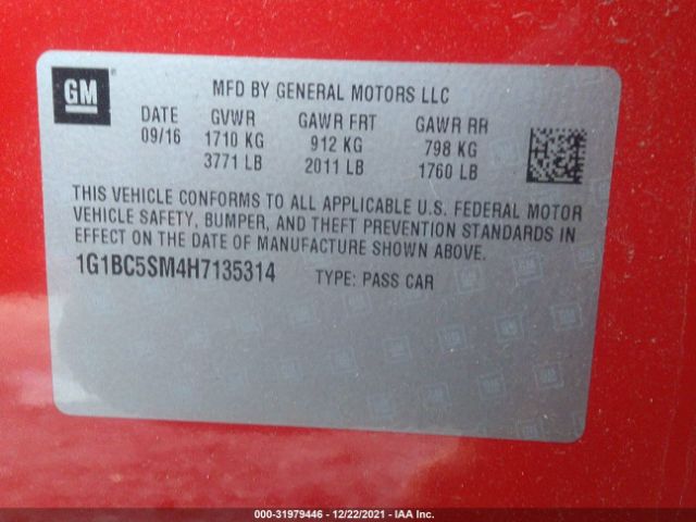 Photo 8 VIN: 1G1BC5SM4H7135314 - CHEVROLET CRUZE 