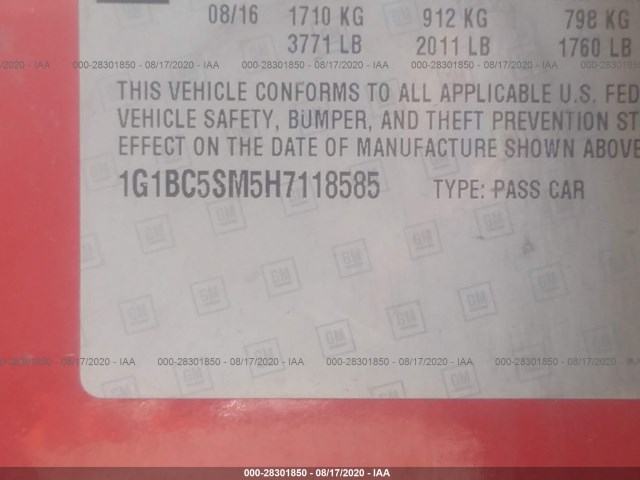 Photo 8 VIN: 1G1BC5SM5H7118585 - CHEVROLET CRUZE 