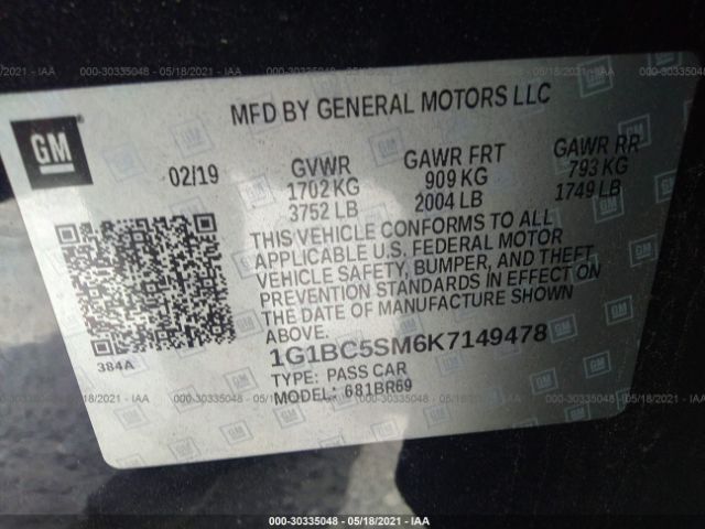 Photo 8 VIN: 1G1BC5SM6K7149478 - CHEVROLET CRUZE 