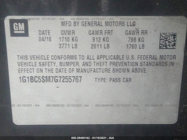 Photo 8 VIN: 1G1BC5SM7G7255767 - CHEVROLET CRUZE 