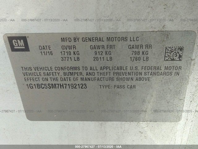 Photo 8 VIN: 1G1BC5SM7H7192123 - CHEVROLET CRUZE 