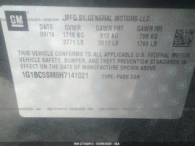 Photo 8 VIN: 1G1BC5SM8H7141021 - CHEVROLET CRUZE 