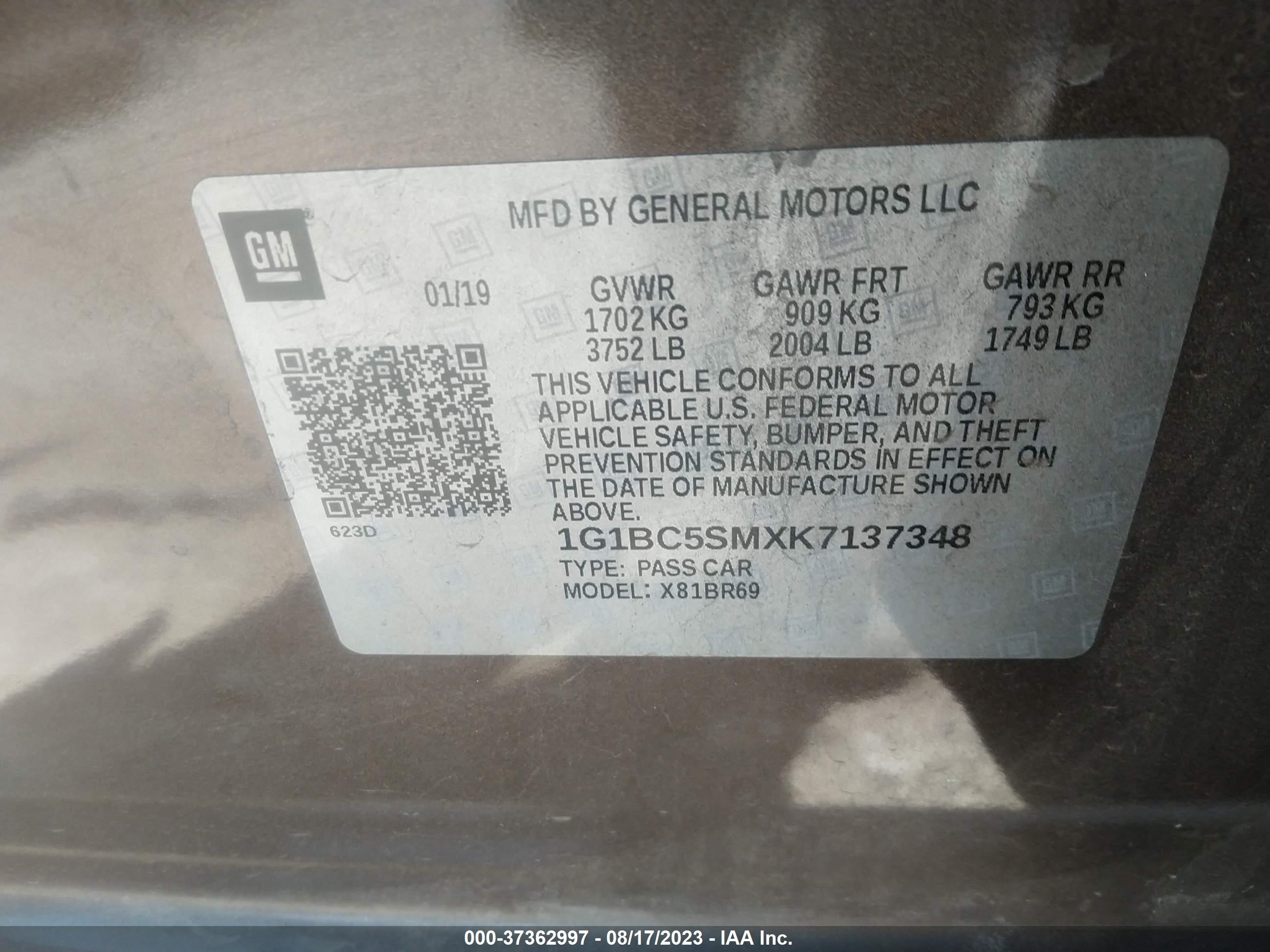 Photo 8 VIN: 1G1BC5SMXK7137348 - CHEVROLET CRUZE 