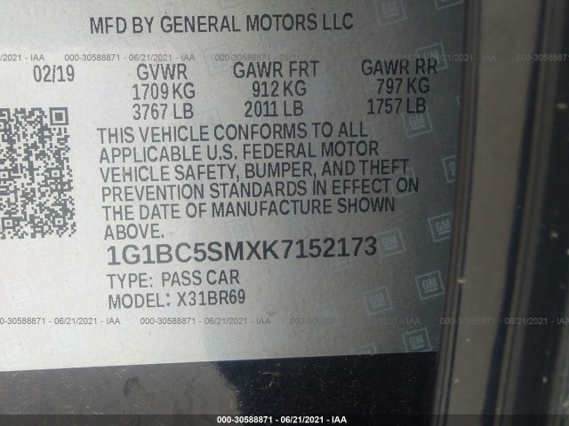 Photo 8 VIN: 1G1BC5SMXK7152173 - CHEVROLET CRUZE 