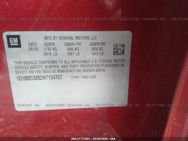 Photo 8 VIN: 1G1BD5SM2H7134787 - CHEVROLET CRUZE 