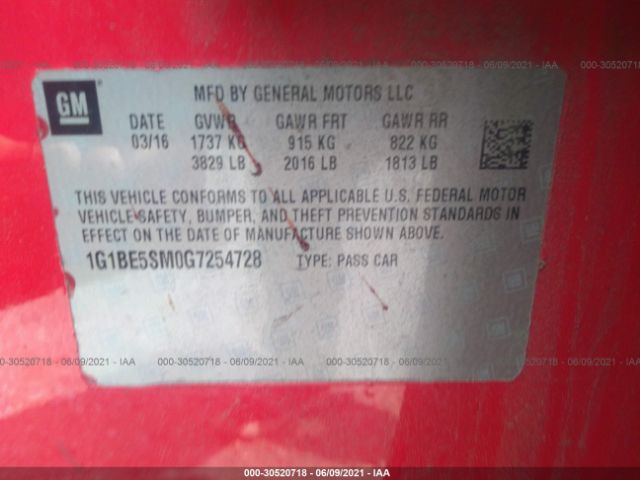 Photo 8 VIN: 1G1BE5SM0G7254728 - CHEVROLET CRUZE 