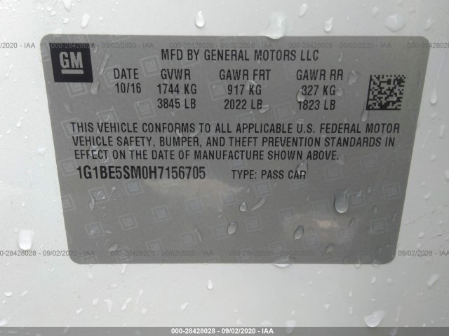 Photo 8 VIN: 1G1BE5SM0H7156705 - CHEVROLET CRUZE 