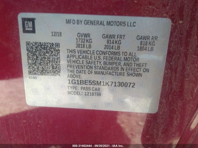 Photo 8 VIN: 1G1BE5SM1K7130072 - CHEVROLET CRUZE 