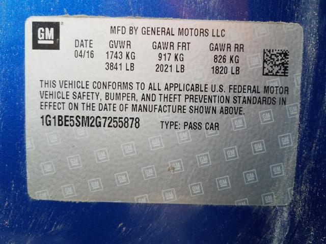 Photo 9 VIN: 1G1BE5SM2G7255878 - CHEVROLET CRUZE LT 