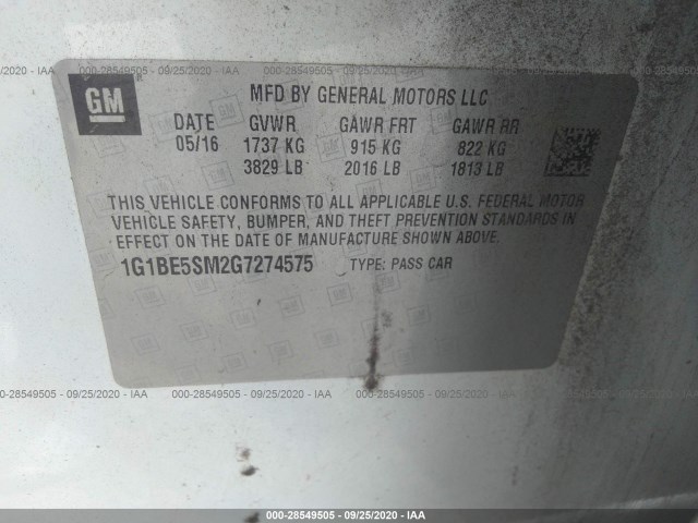 Photo 8 VIN: 1G1BE5SM2G7274575 - CHEVROLET CRUZE 