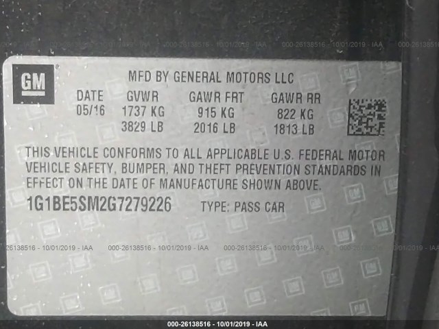 Photo 8 VIN: 1G1BE5SM2G7279226 - CHEVROLET CRUZE 