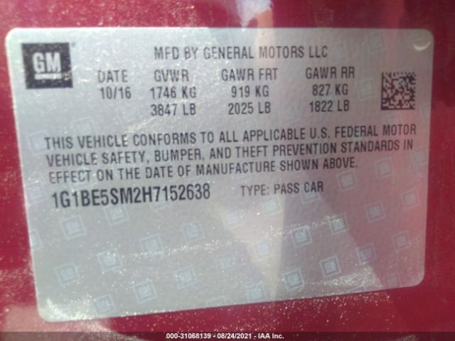 Photo 8 VIN: 1G1BE5SM2H7152638 - CHEVROLET CRUZE 