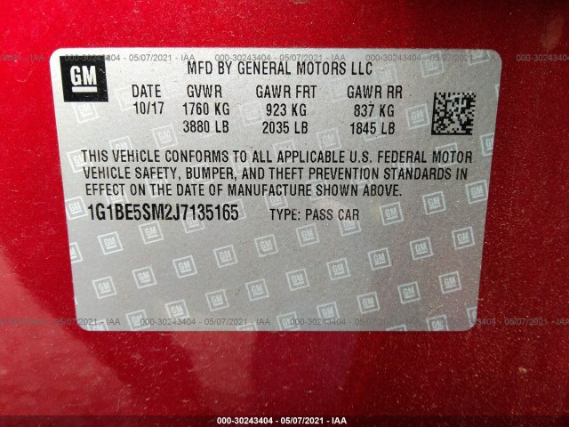 Photo 8 VIN: 1G1BE5SM2J7135165 - CHEVROLET CRUZE 