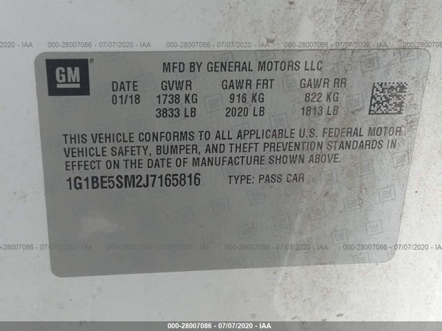 Photo 8 VIN: 1G1BE5SM2J7165816 - CHEVROLET CRUZE 