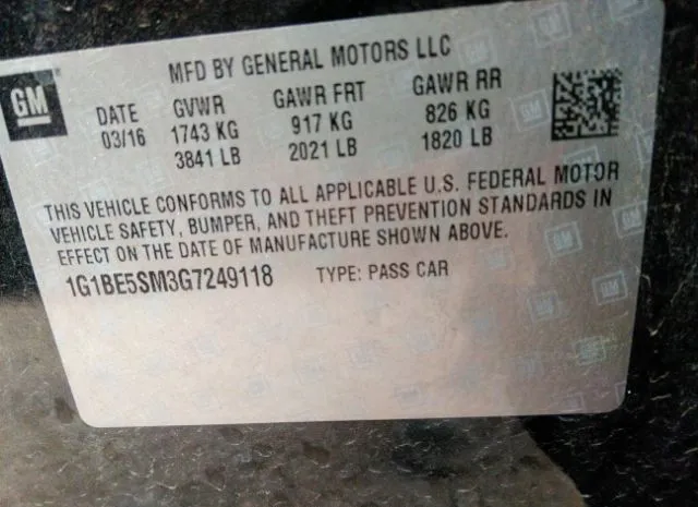 Photo 8 VIN: 1G1BE5SM3G7249118 - CHEVROLET CRUZE 