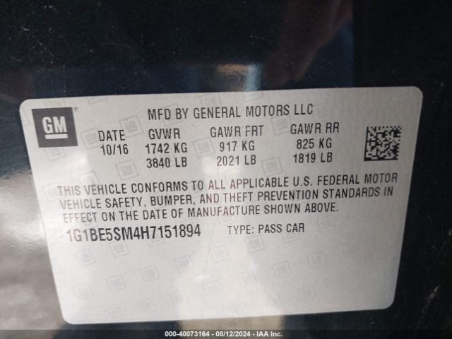 Photo 8 VIN: 1G1BE5SM4H7151894 - CHEVROLET CRUZE 