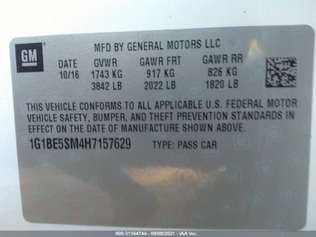 Photo 8 VIN: 1G1BE5SM4H7157629 - CHEVROLET CRUZE 