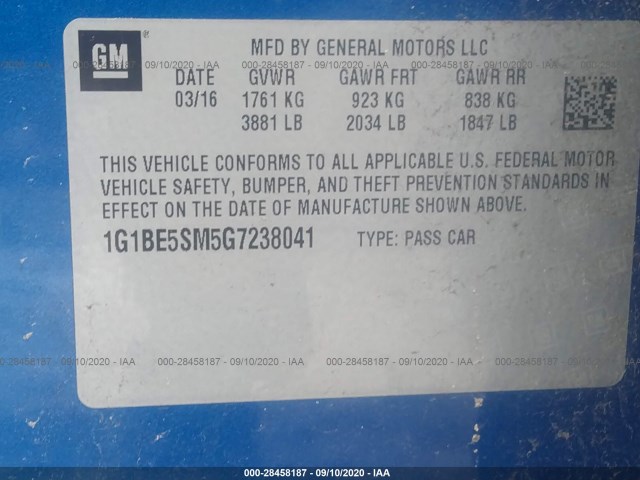 Photo 8 VIN: 1G1BE5SM5G7238041 - CHEVROLET CRUZE 