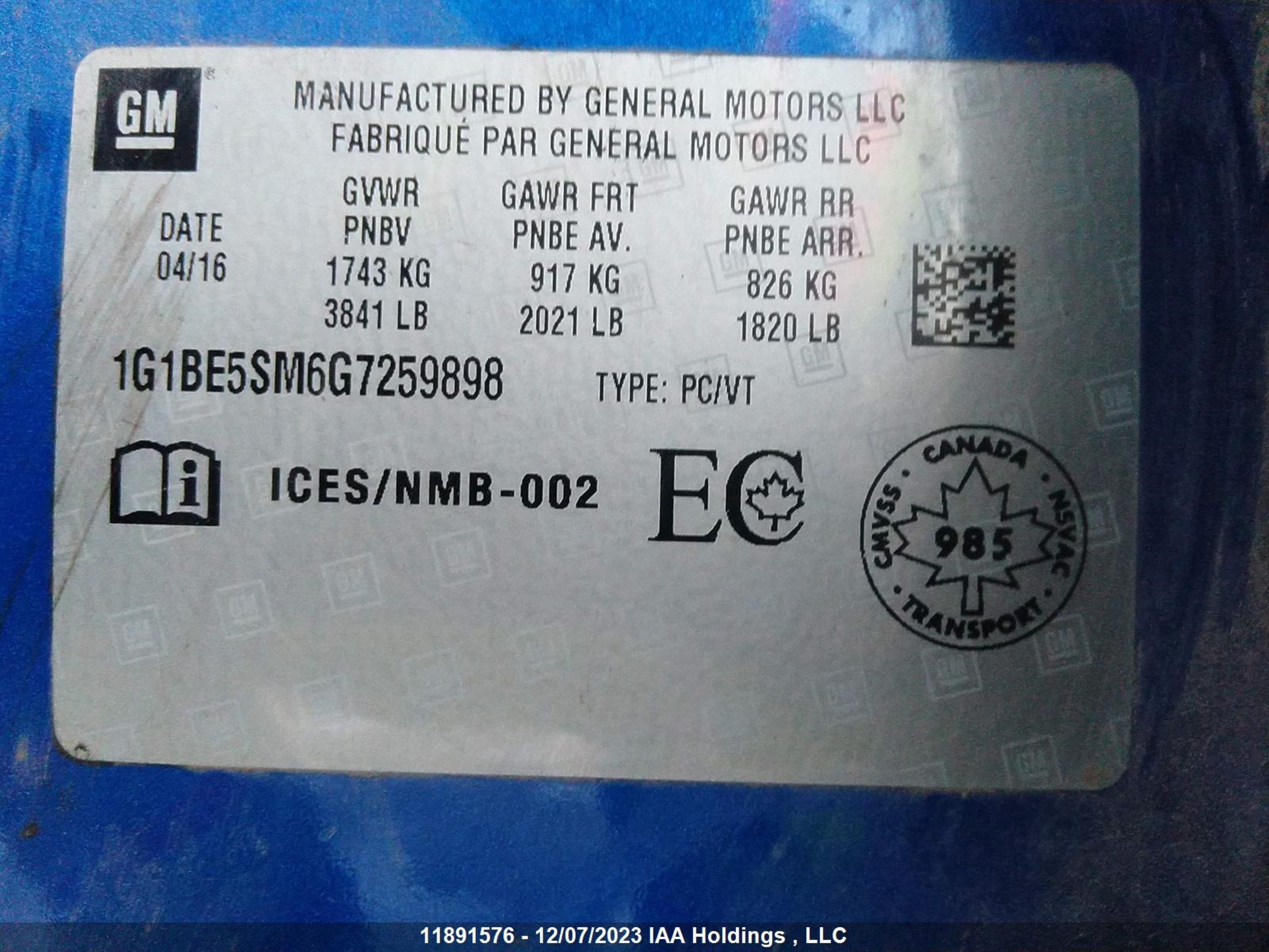 Photo 8 VIN: 1G1BE5SM6G7259898 - CHEVROLET CRUZE 