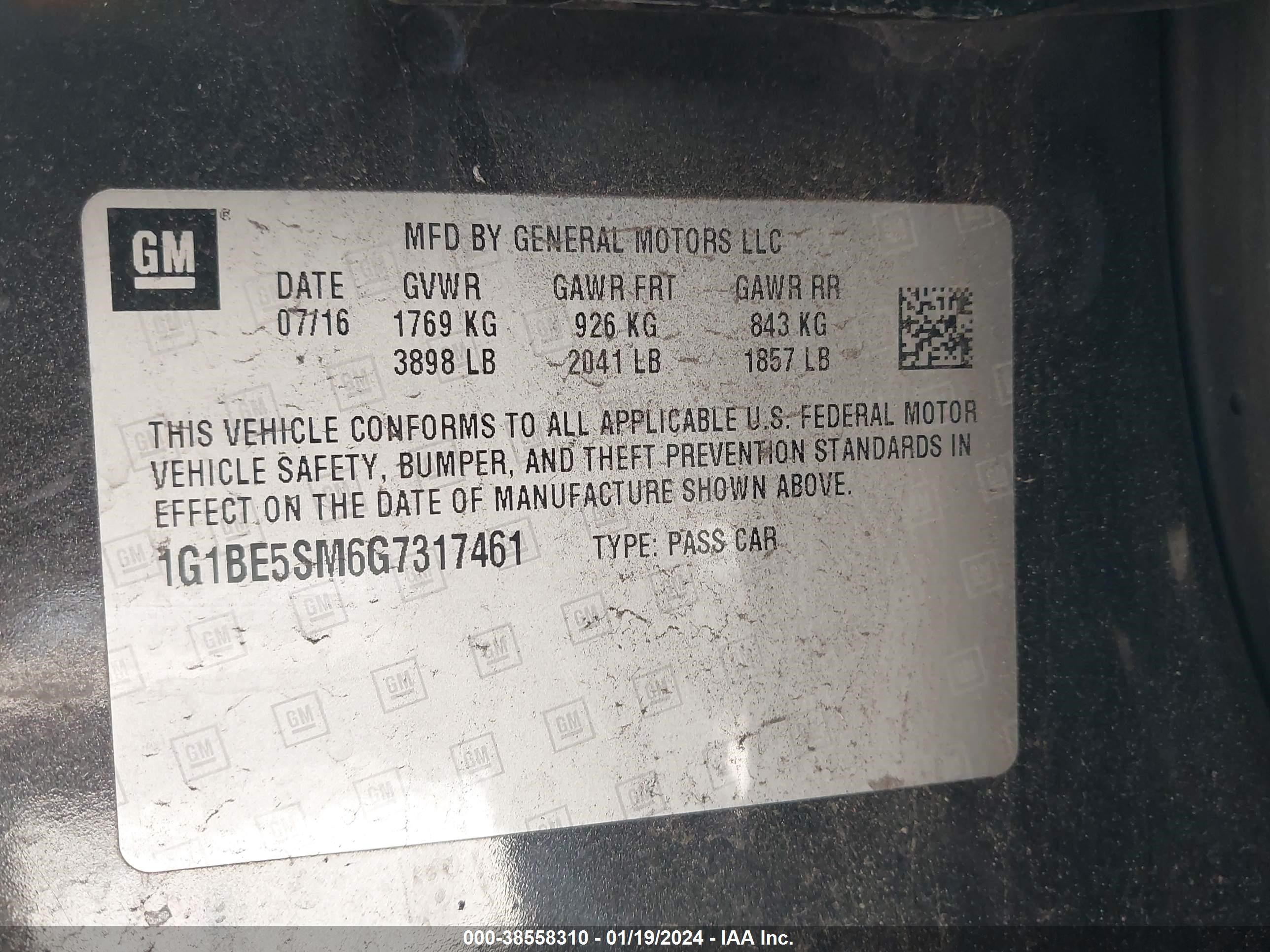 Photo 8 VIN: 1G1BE5SM6G7317461 - CHEVROLET CRUZE 